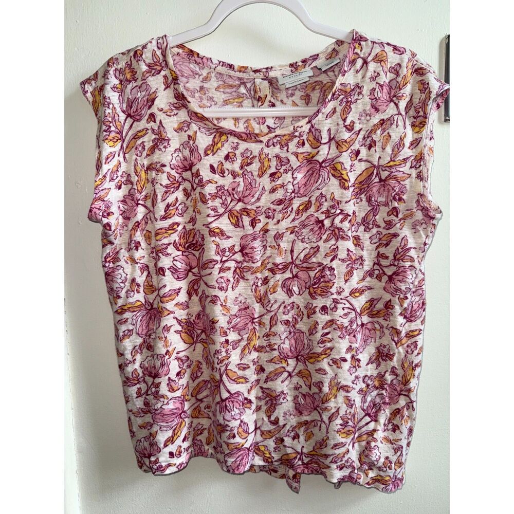 Haute Hippie Style 100% Linen Floral Tank Top Small Pink Orange Button Back